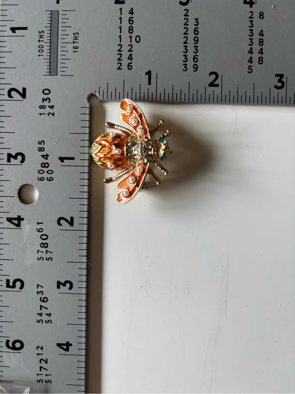 Vintage Bee Brooch Gold Tone Orange Enamel Faux Pearl Rhinestone Insect Pin